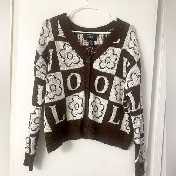 Macy Just Polly Brown and White Button Up Knit Cardigan - Picture 2 of 6